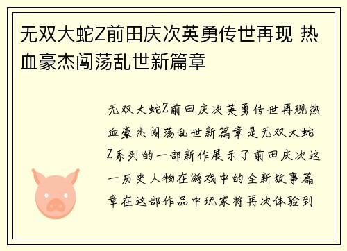 无双大蛇Z前田庆次英勇传世再现 热血豪杰闯荡乱世新篇章